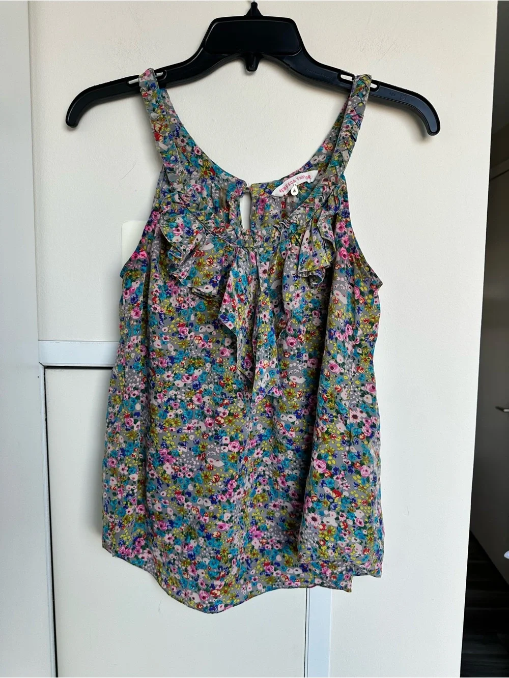 Rebecca Taylor ($250) 100% silk Ruffle Multicolour Floral Boho Tank Blouse Sz 4 - Picture 3 of 16